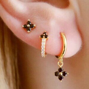 Minimalist Black CZ Gold Huggie Hoops – Hypoallergenic Sterling Silver Earrings